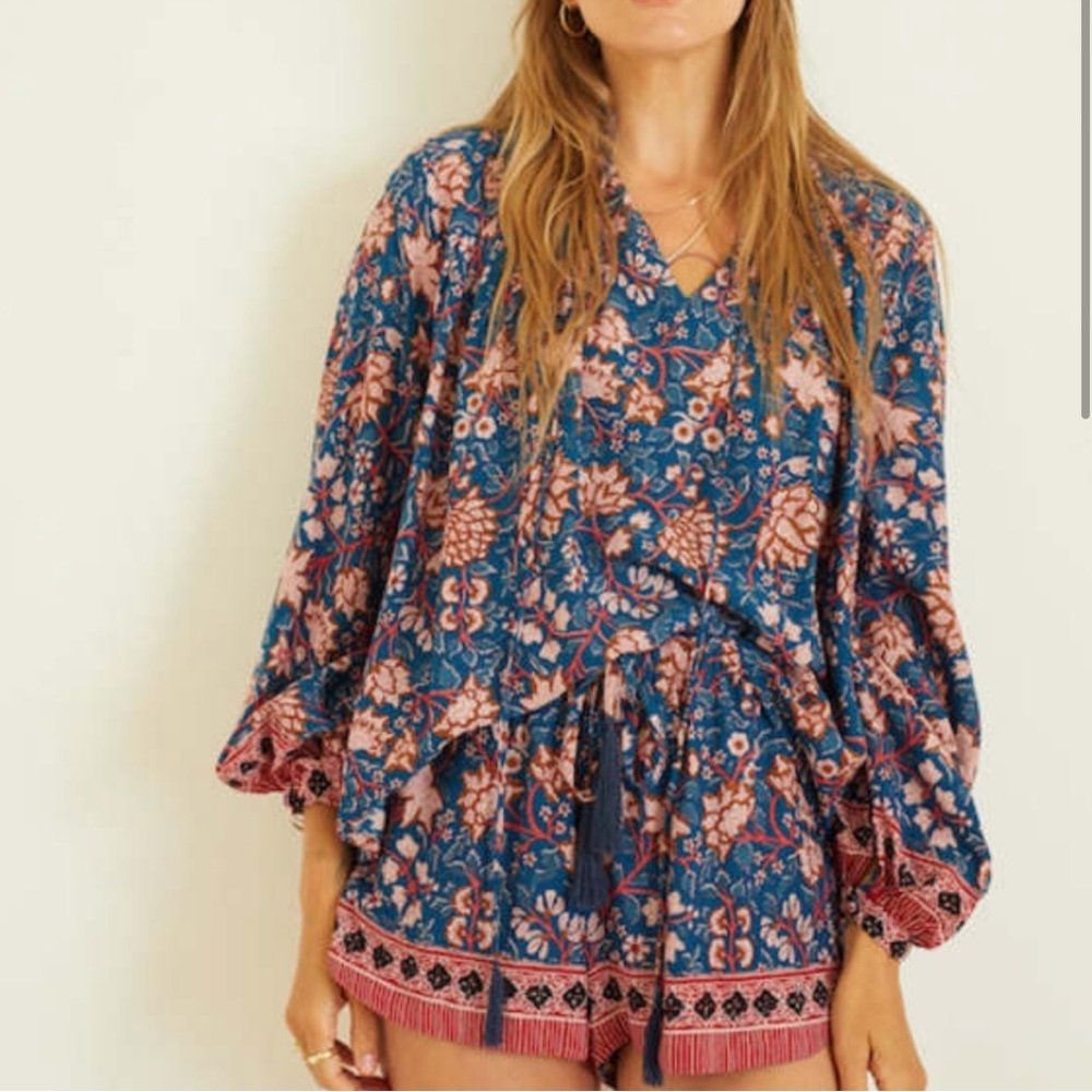Nat by Natalie Martin Lola Blouse Boho Floral Split Neck Tassel Peasant Top